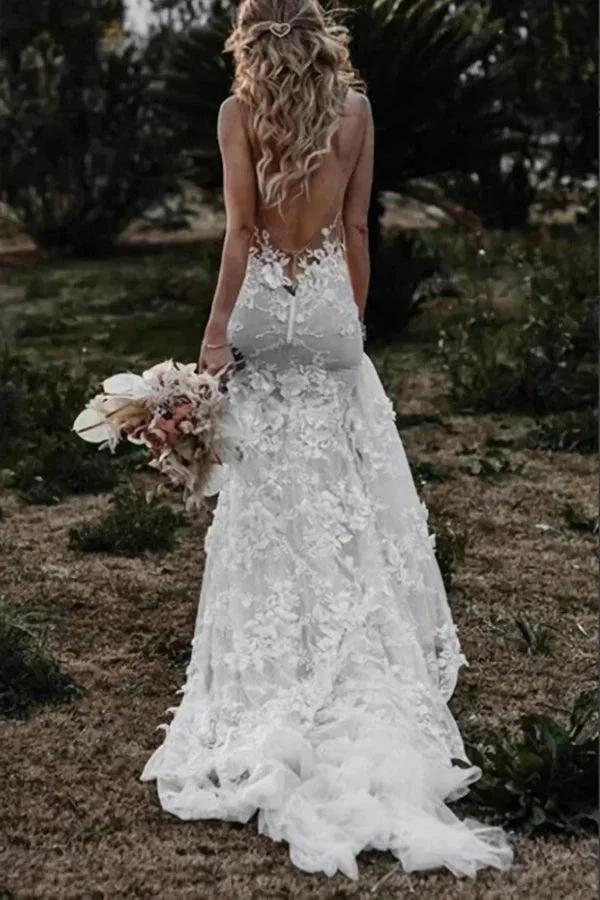 Boho Mermaid Wedding Dress Flower Appliques Deep V Neck Bridal Gown WD637 - Image 3