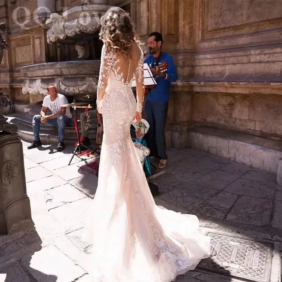 BoHo Mermaid Wedding Dress Sexy V-neck Vestidos De Novia Appliques Long Sleeves Vestido De Noiva Elegant Lace Robe De Mariée - Image 2