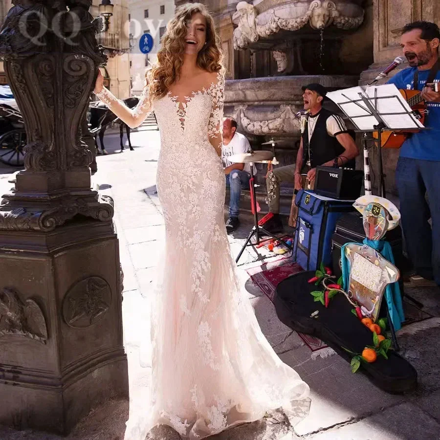 BoHo Mermaid Wedding Dress Sexy V-neck Vestidos De Novia Appliques Long Sleeves Vestido De Noiva Elegant Lace Robe De Mariée - Image 4