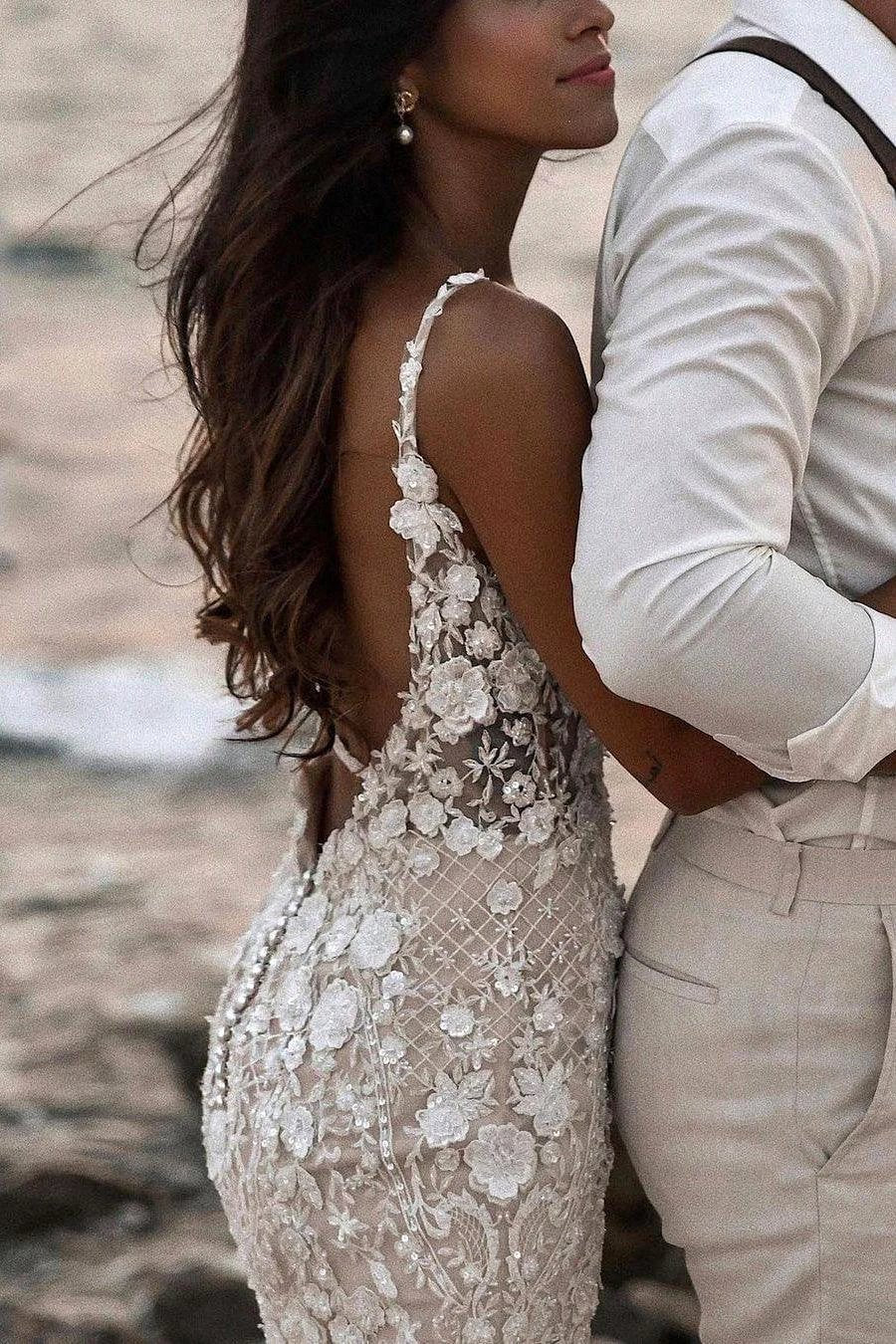 Boho Sleeveless Floral Mermaid Wedding Dress Backless Bridal Gown - Image 5