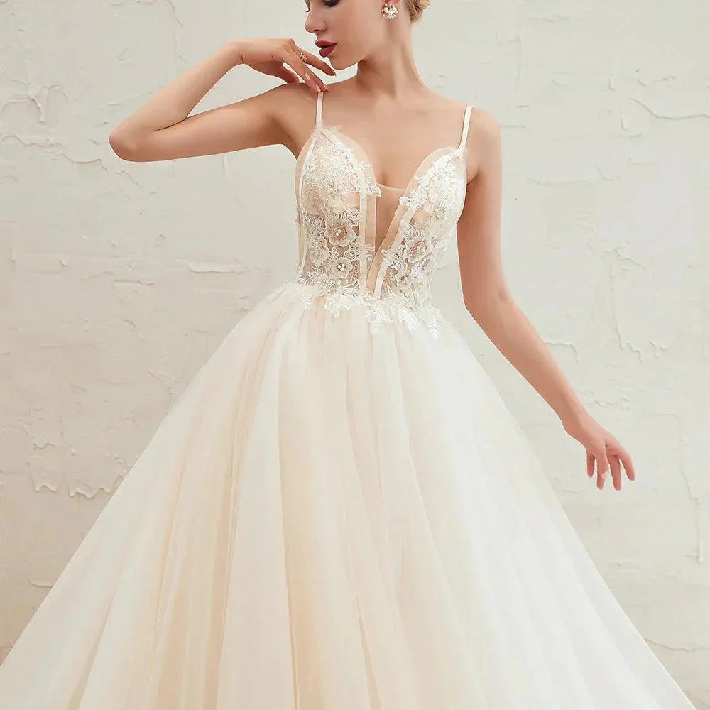 Boho Spaghetti Straps Ivory Ball Gown Tulle Aline Wedding Dress - Image 10