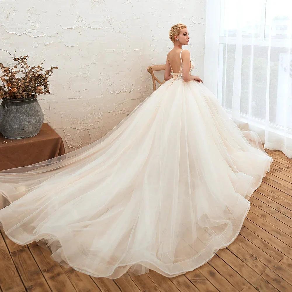 Boho Spaghetti Straps Ivory Ball Gown Tulle Aline Wedding Dress - Image 2