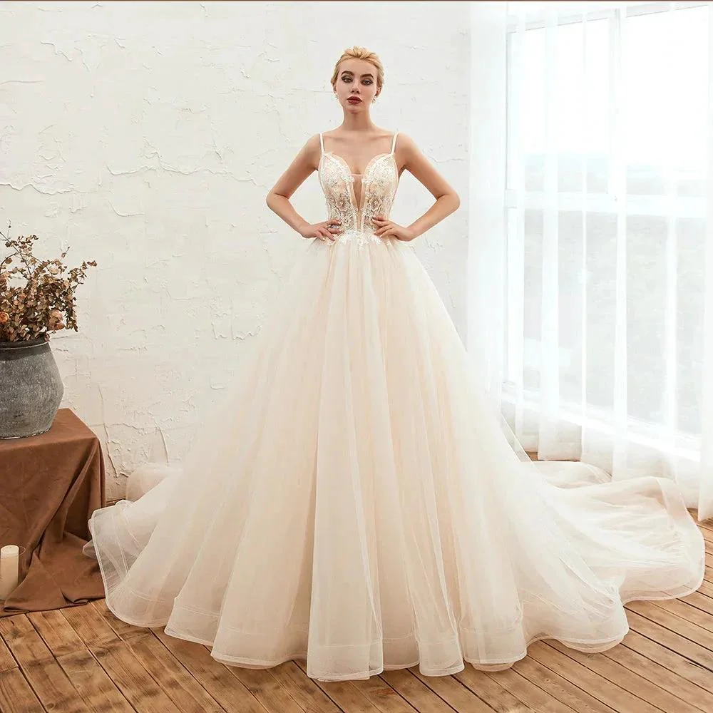 Boho Spaghetti Straps Ivory Ball Gown Tulle Aline Wedding Dress - Image 3