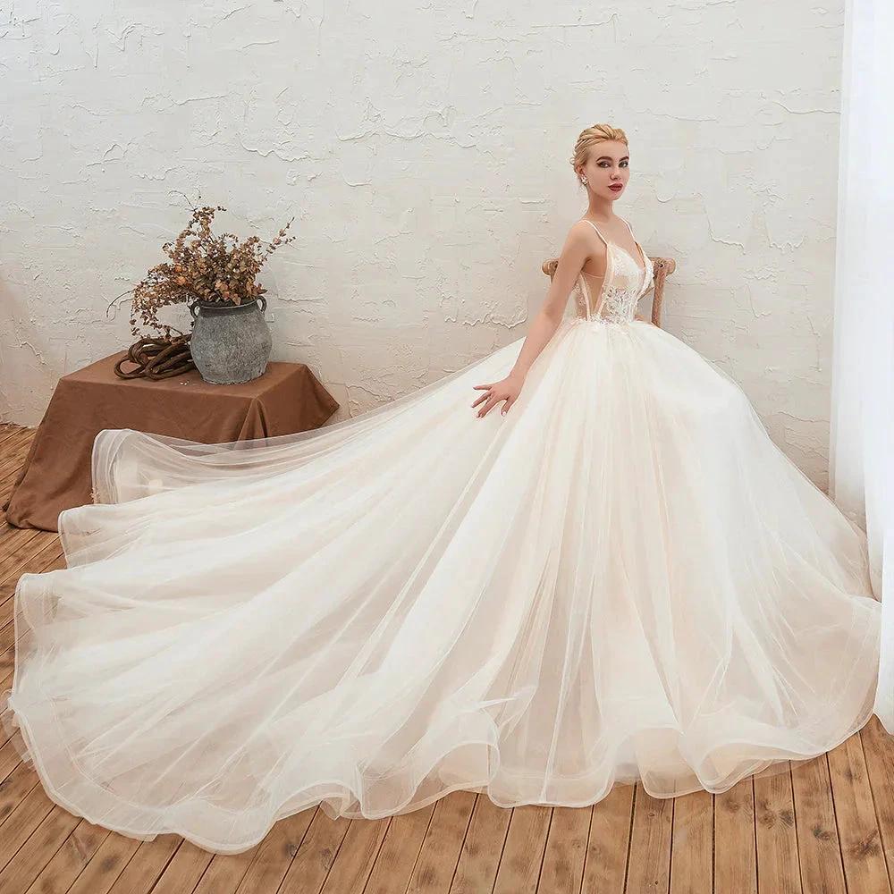 Boho Spaghetti Straps Ivory Ball Gown Tulle Aline Wedding Dress - Image 4