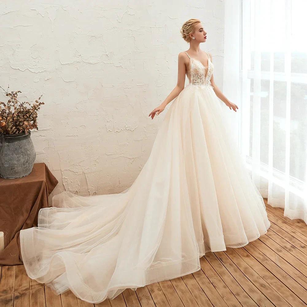 Boho Spaghetti Straps Ivory Ball Gown Tulle Aline Wedding Dress - Image 5