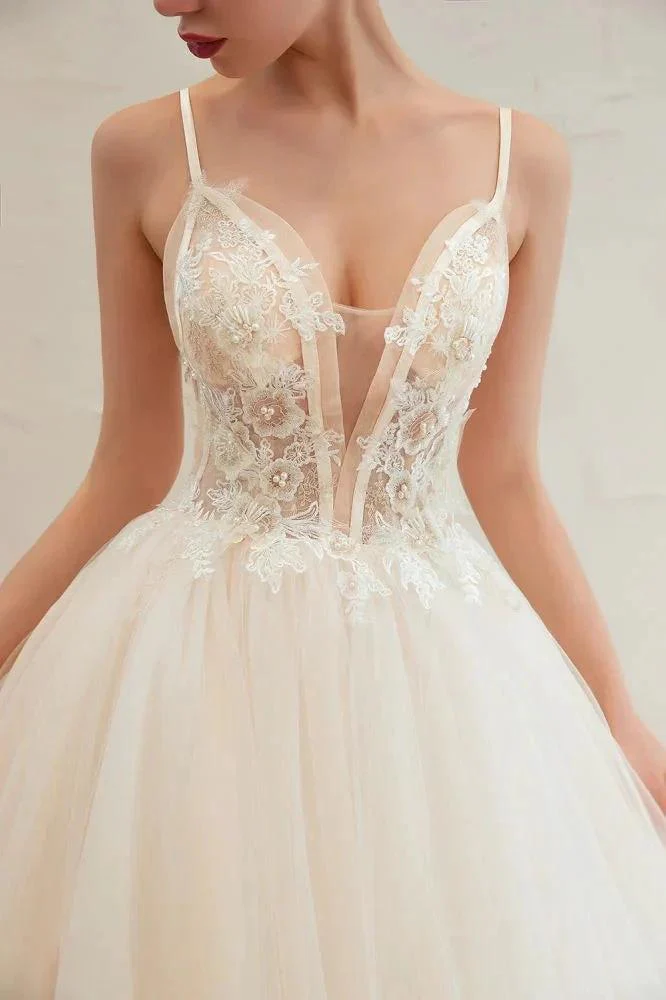 Boho Spaghetti Straps Ivory Ball Gown Tulle Aline Wedding Dress - Image 6