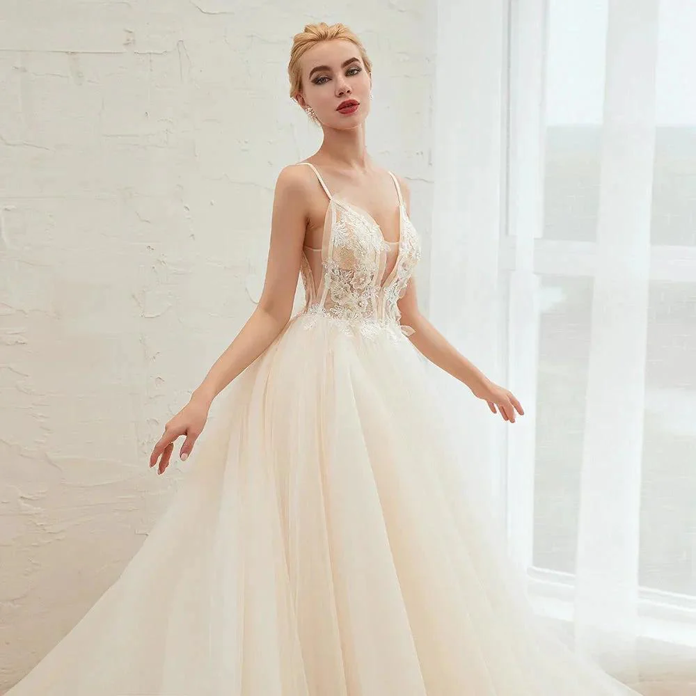 Boho Spaghetti Straps Ivory Ball Gown Tulle Aline Wedding Dress - Image 7