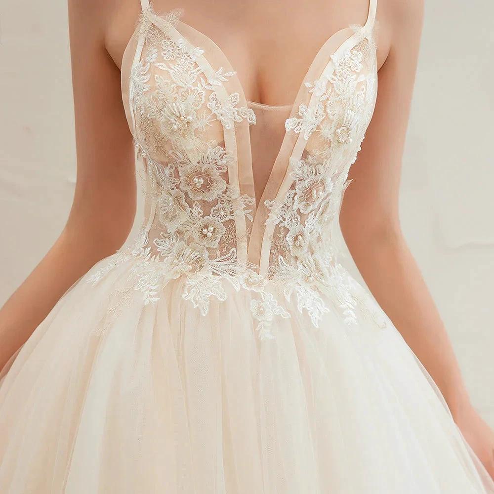 Boho Spaghetti Straps Ivory Ball Gown Tulle Aline Wedding Dress - Image 8