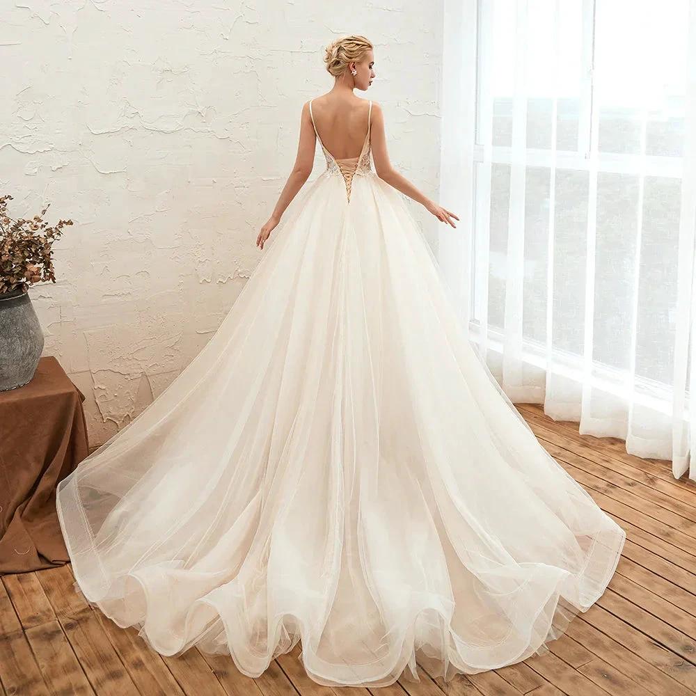 Boho Spaghetti Straps Ivory Ball Gown Tulle Aline Wedding Dress - Image 9