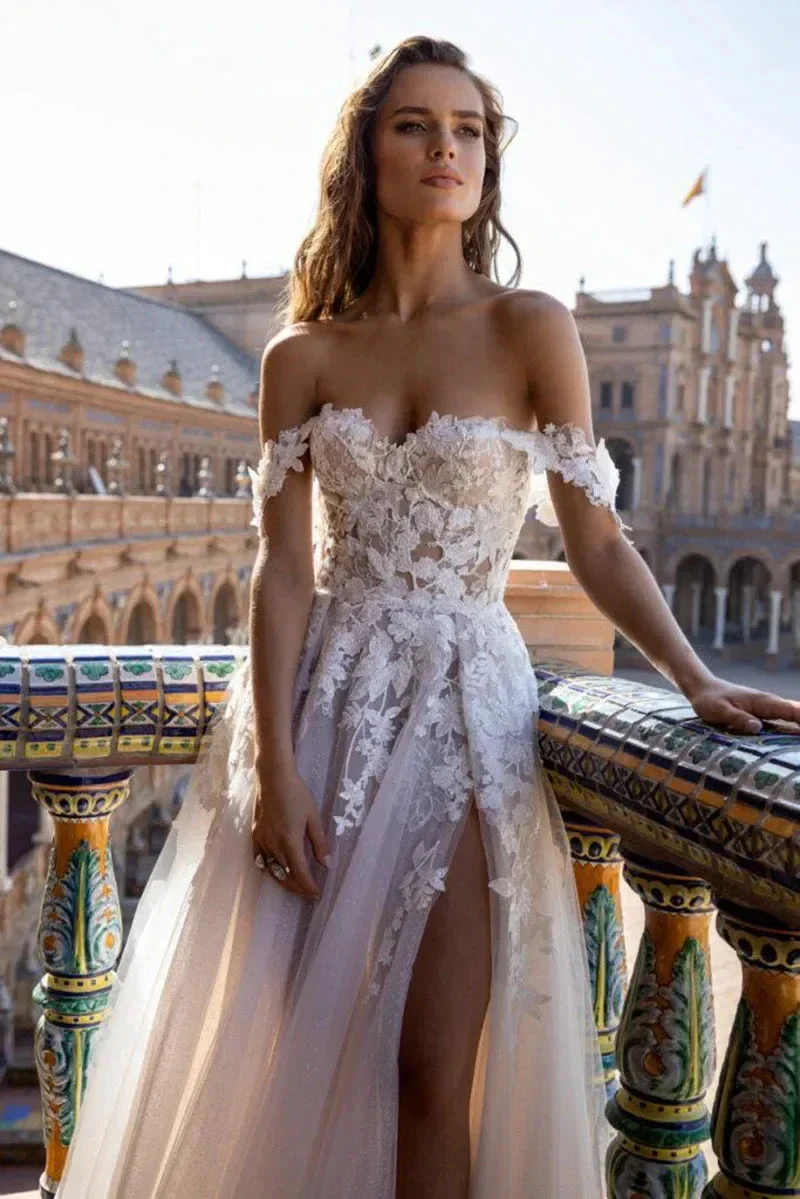 Boho Tull Wedding Dresses Off the Shoulder Lace Appliques A Line Beach Bridal Gown Sexy High Split Wedding Gowns - Image 2