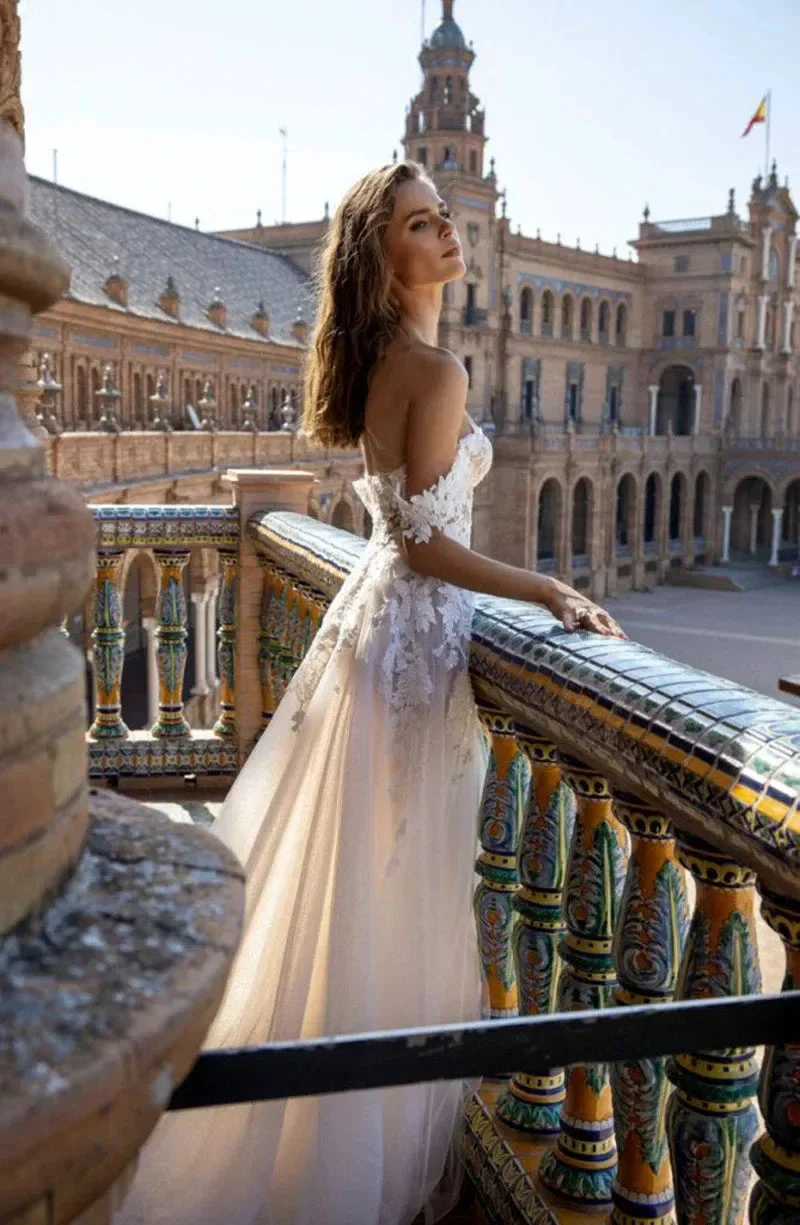 Boho Tull Wedding Dresses Off the Shoulder Lace Appliques A Line Beach Bridal Gown Sexy High Split Wedding Gowns - Image 3
