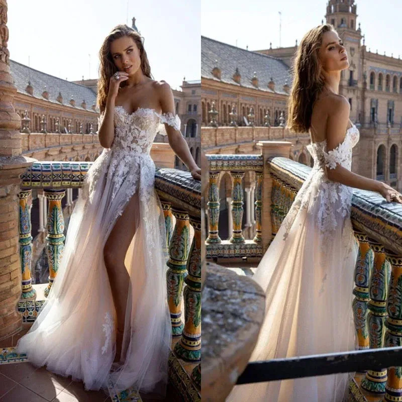 Boho Tull Wedding Dresses Off the Shoulder Lace Appliques A Line Beach Bridal Gown Sexy High Split Wedding Gowns - Image 4