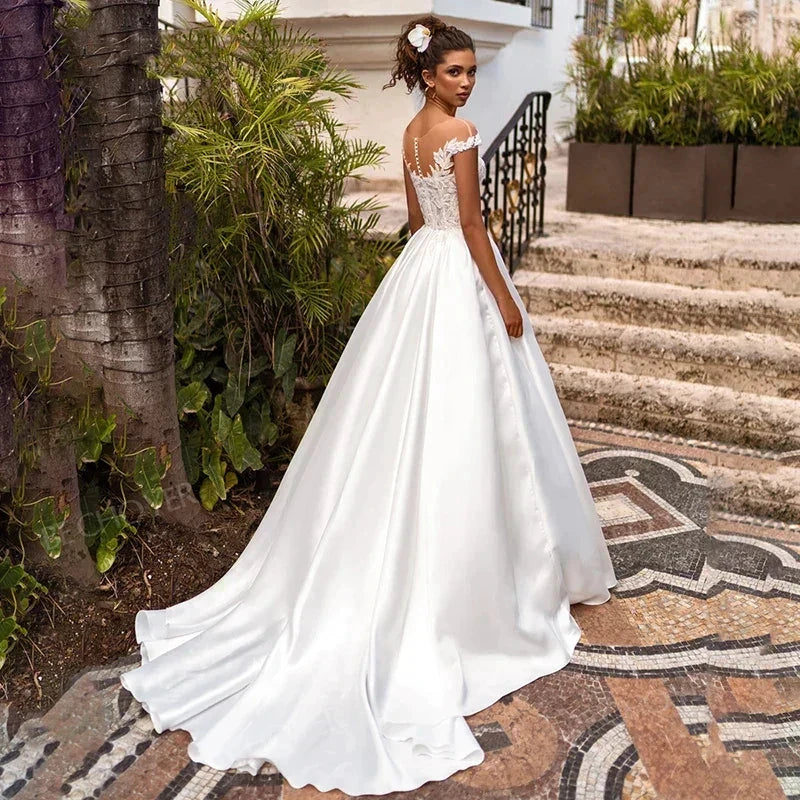Boho Wedding Dress Cap Sleeves Illusion Neck Appliqued Satin Bridal Dress Beach Princess Plus Size Wedding Gowns Custom Mad - Image 2