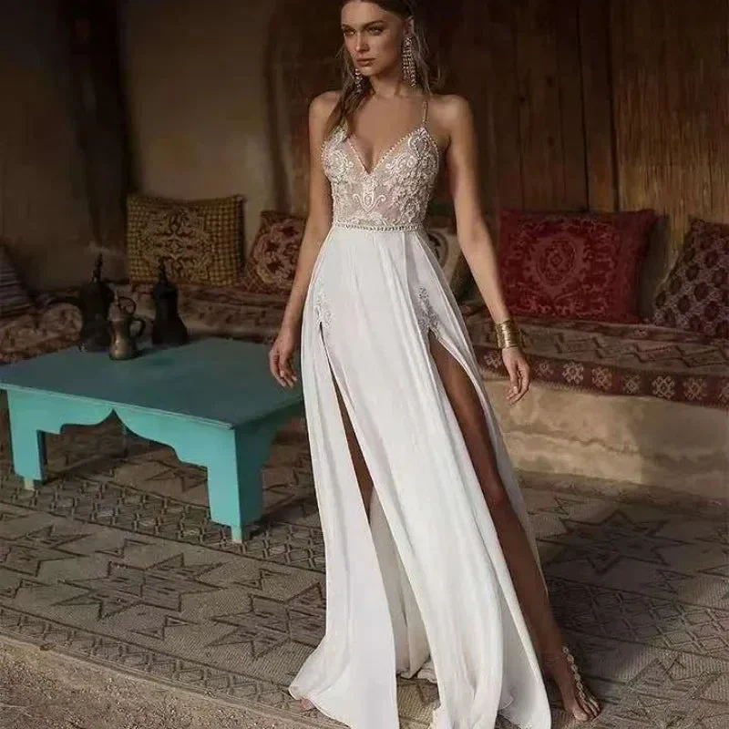 Boho Wedding Dress Sexy Slit Beach Wedding Dress V Neck Bridal Gown Spaghetti Strap Chiffon Backless Vestido De Noiva Brautkleid - Image 2