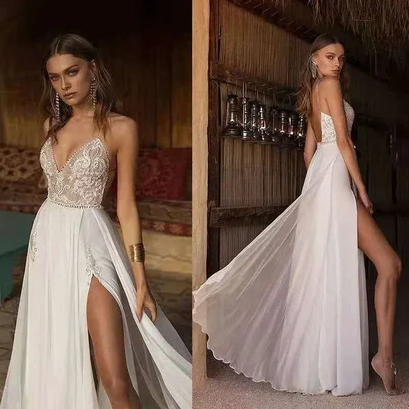 Boho Wedding Dress Sexy Slit Beach Wedding Dress V Neck Bridal Gown Spaghetti Strap Chiffon Backless Vestido De Noiva Brautkleid - Image 5