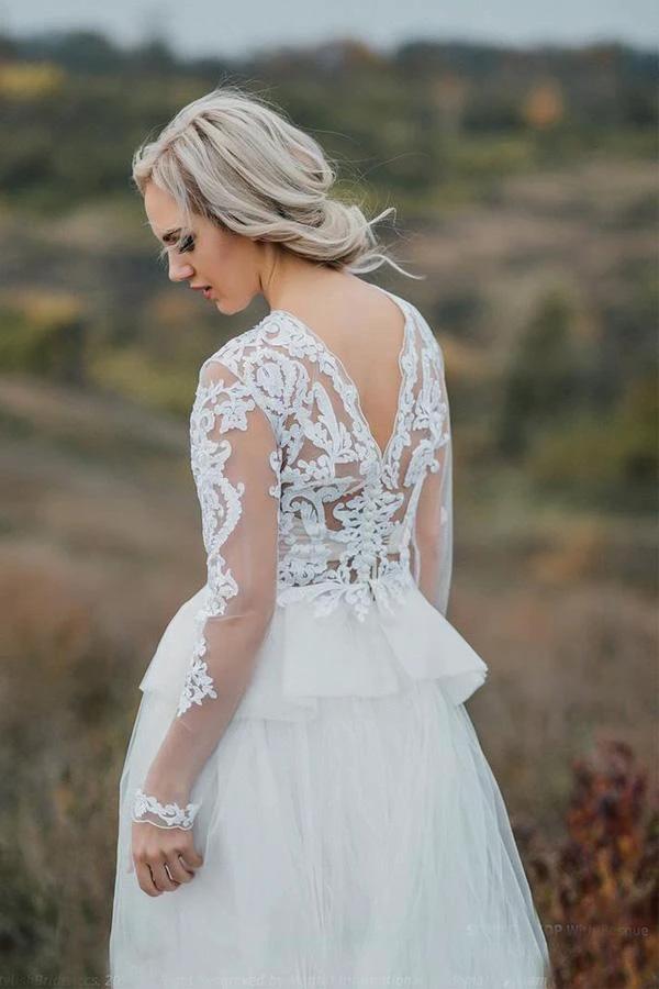 Boho Wedding Dress  V Back Bridal Lace Gown Separates Wedding Dress WD496 - Image 2