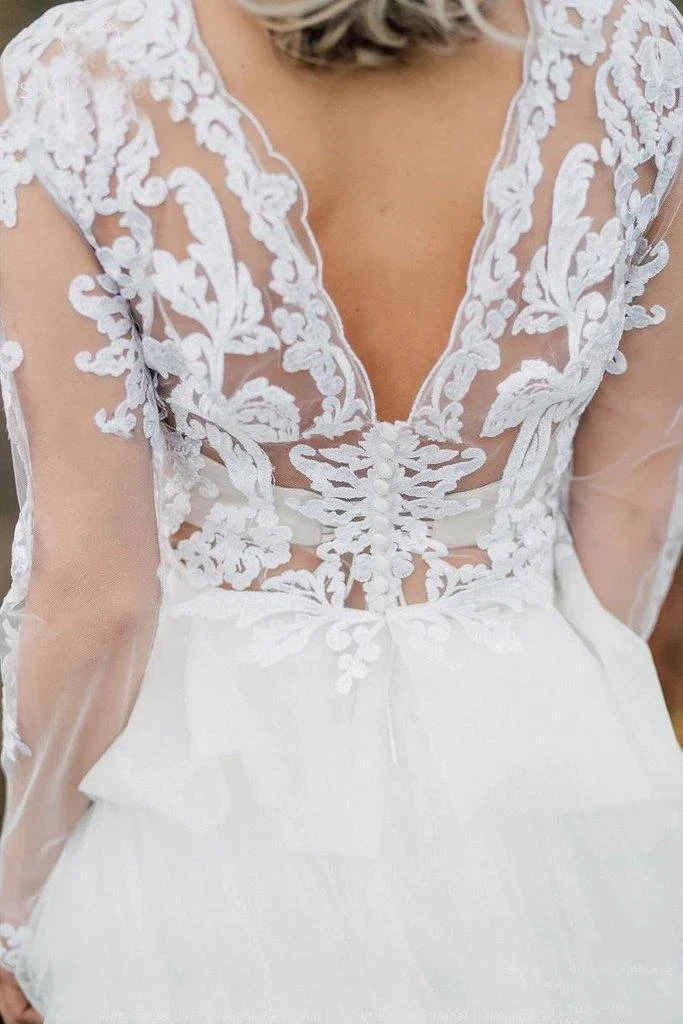 Boho Wedding Dress  V Back Bridal Lace Gown Separates Wedding Dress WD496 - Image 4