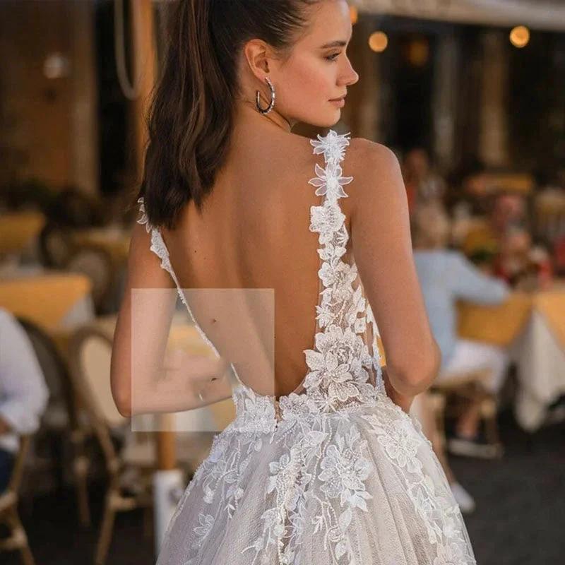 Boho Wedding Dresses For Dress Elegant A-Line Sleeveless 3D Appliqued Bride Gown Side Split Sexy Backless Dress - Image 2
