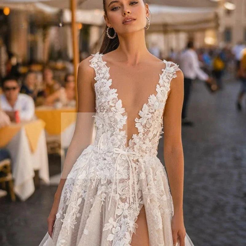 Boho Wedding Dresses For Dress Elegant A-Line Sleeveless 3D Appliqued Bride Gown Side Split Sexy Backless Dress - Image 3