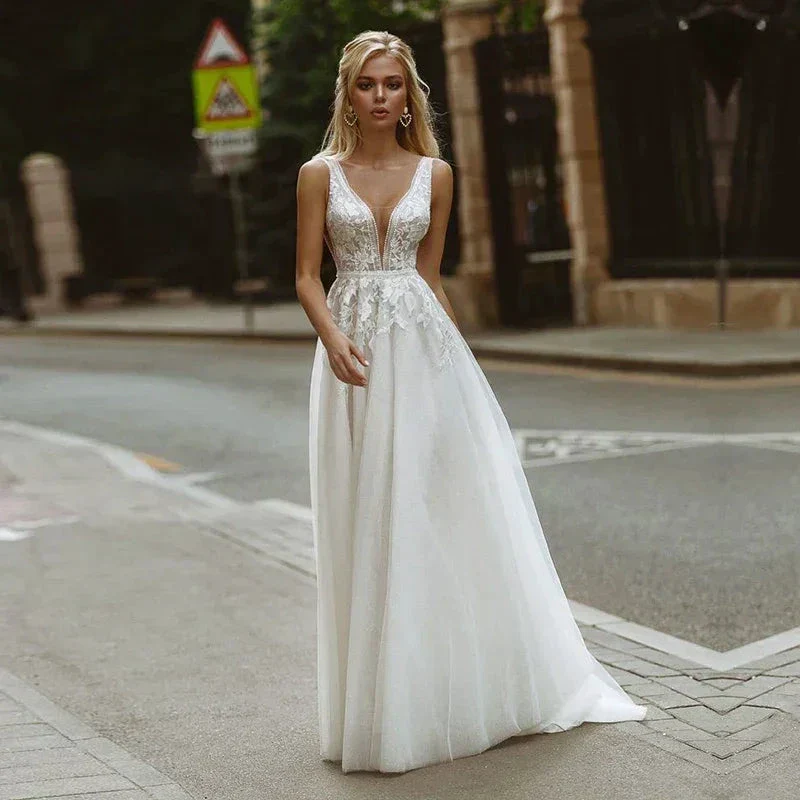 Boho Wedding Dresses V-Neck Appliques Lace A-Line Tulle Wedding Gown Beach Simple Bridal Dress bestidos de novia - Image 3