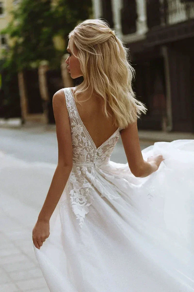 Boho Wedding Dresses V-Neck Appliques Lace A-Line Tulle Wedding Gown Beach Simple Bridal Dress bestidos de novia - Image 4