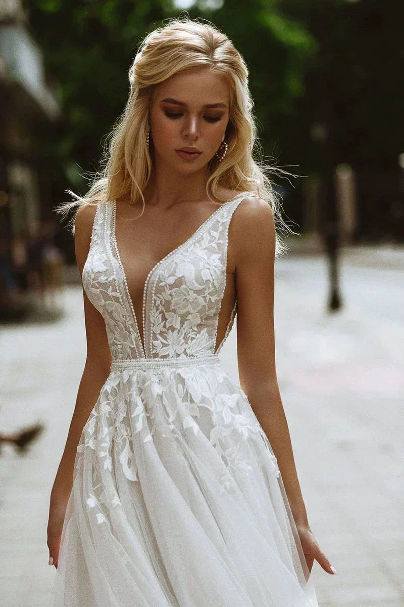 Boho Wedding Dresses V-Neck Appliques Lace A-Line Tulle Wedding Gown Beach Simple Bridal Dress bestidos de novia - Image 5
