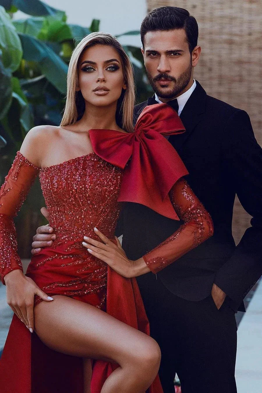 Bow Burgundy Long Sleeve Sequins Mermaid Prom Dress With Split - Image 2