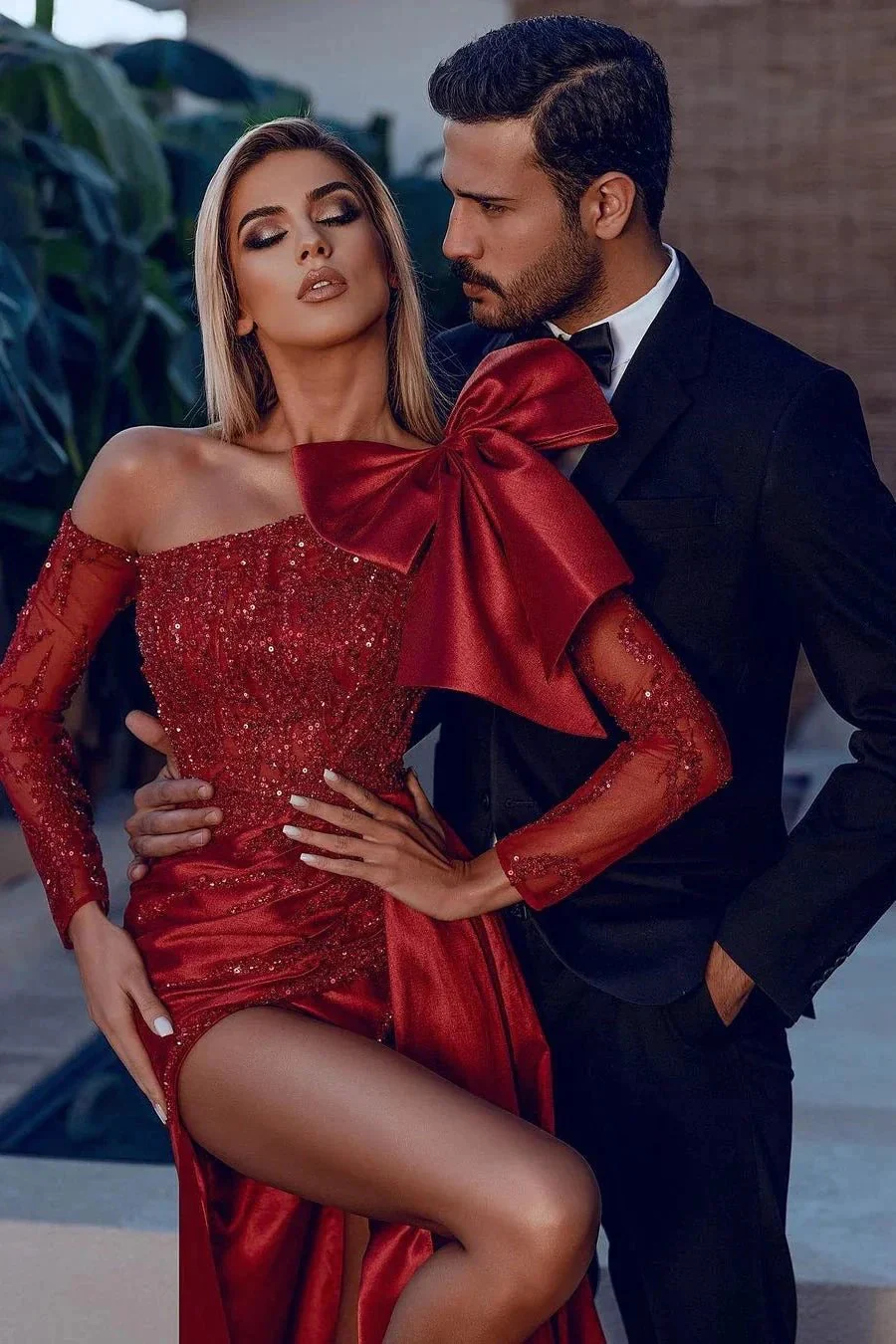 Bow Burgundy Long Sleeve Sequins Mermaid Prom Dress With Split - Image 3