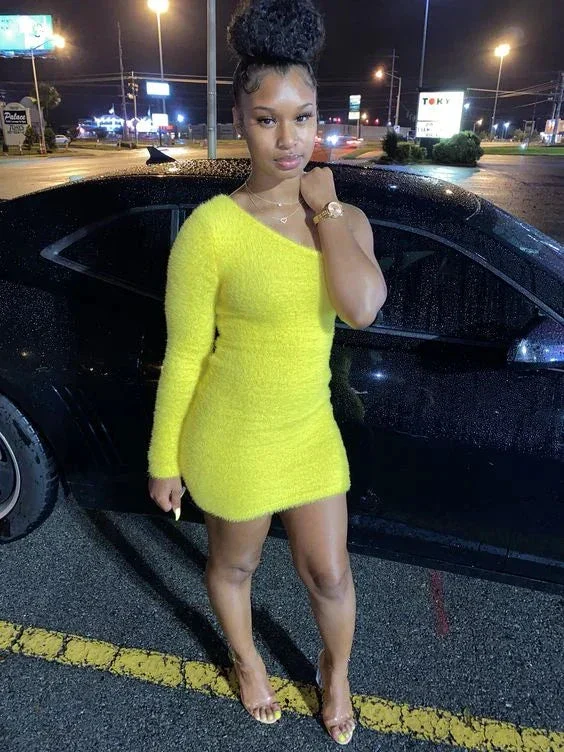 Bright Yellow One Shoulder Homecoming Dress Sexy Party Dress Y2194 - Image 2