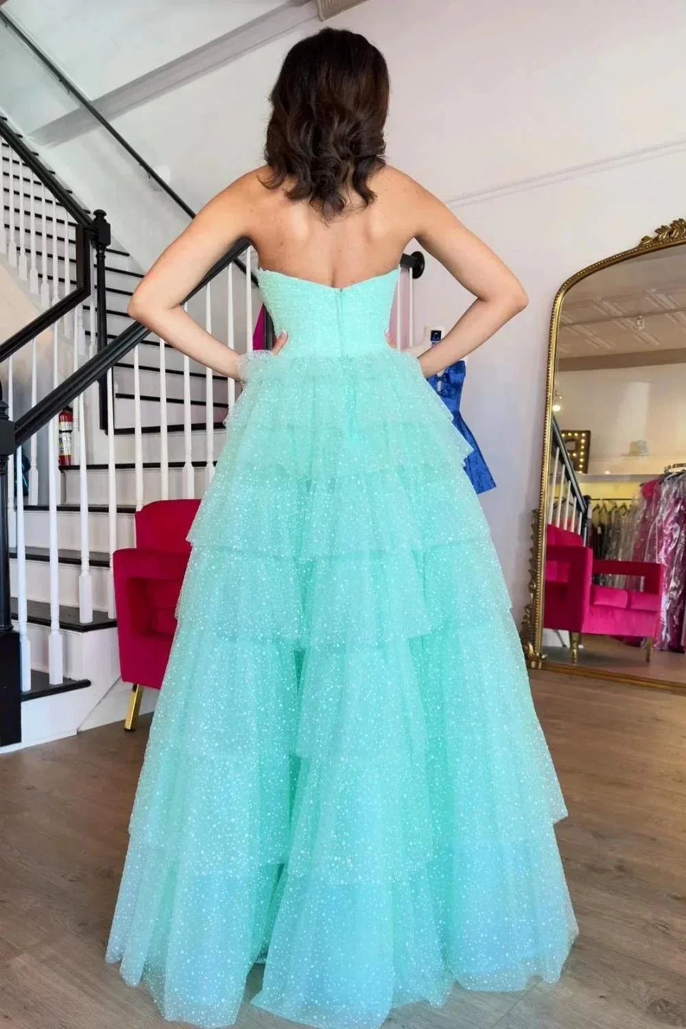 Brigitta | Aqua Blue Sweetheart Tulle Tiered A-Line Long Prom Dress with Slit - Image 2