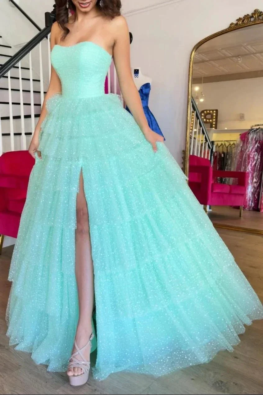 Brigitta | Aqua Blue Sweetheart Tulle Tiered A-Line Long Prom Dress with Slit - Image 3