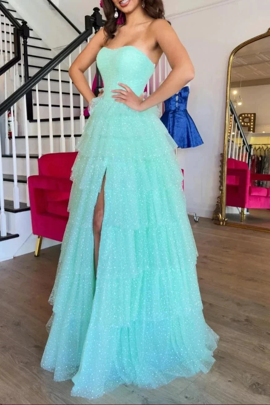 Brigitta | Aqua Blue Sweetheart Tulle Tiered A-Line Long Prom Dress with Slit - Image 4