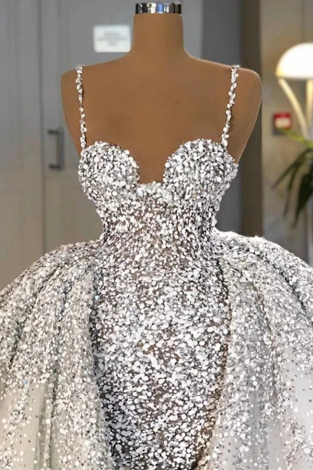 Brilliant Long Mermaid Sweetheart Sequins Wedding Dress With Ruffles Train - Image 2