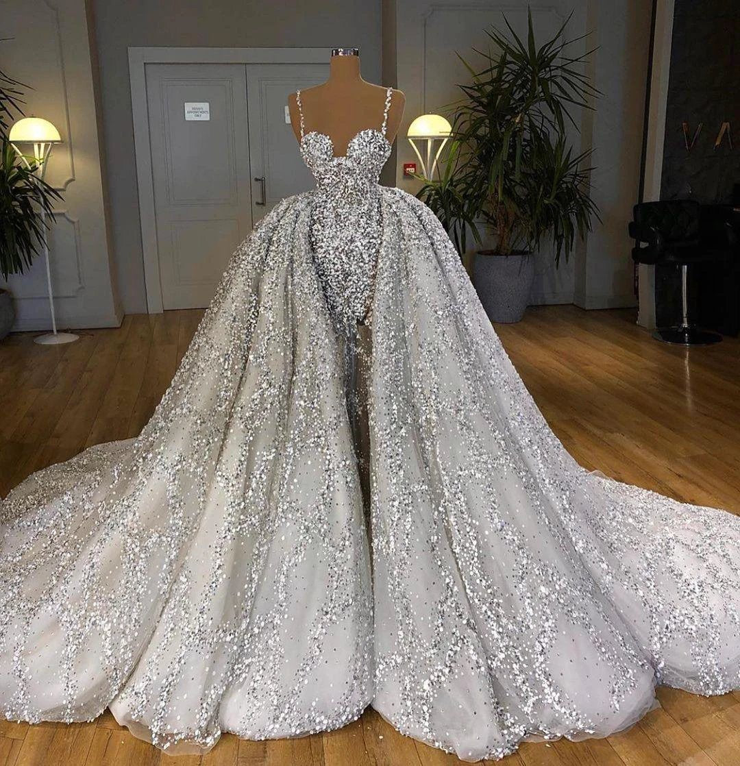 Brilliant Long Mermaid Sweetheart Sequins Wedding Dress With Ruffles Train - Image 3