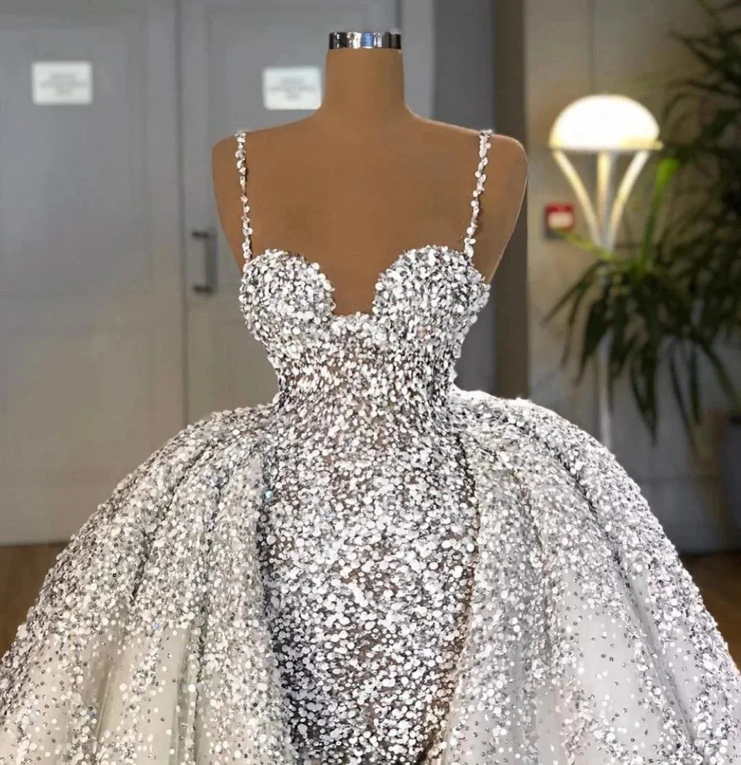 Brilliant Long Mermaid Sweetheart Sequins Wedding Dress With Ruffles Train - Image 4