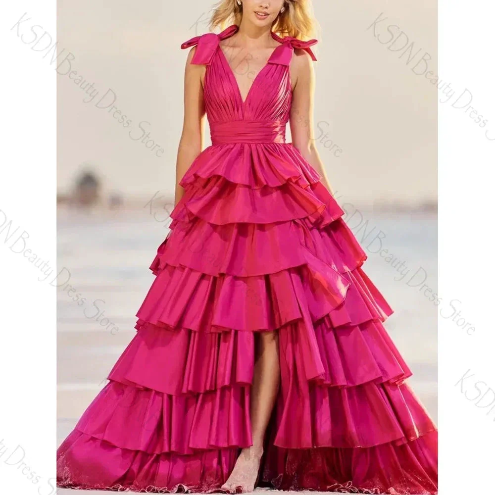 Rose Pink V Neck Sleeveless Slit Evening Dress Female Formal Party Prom Gown - Image 2