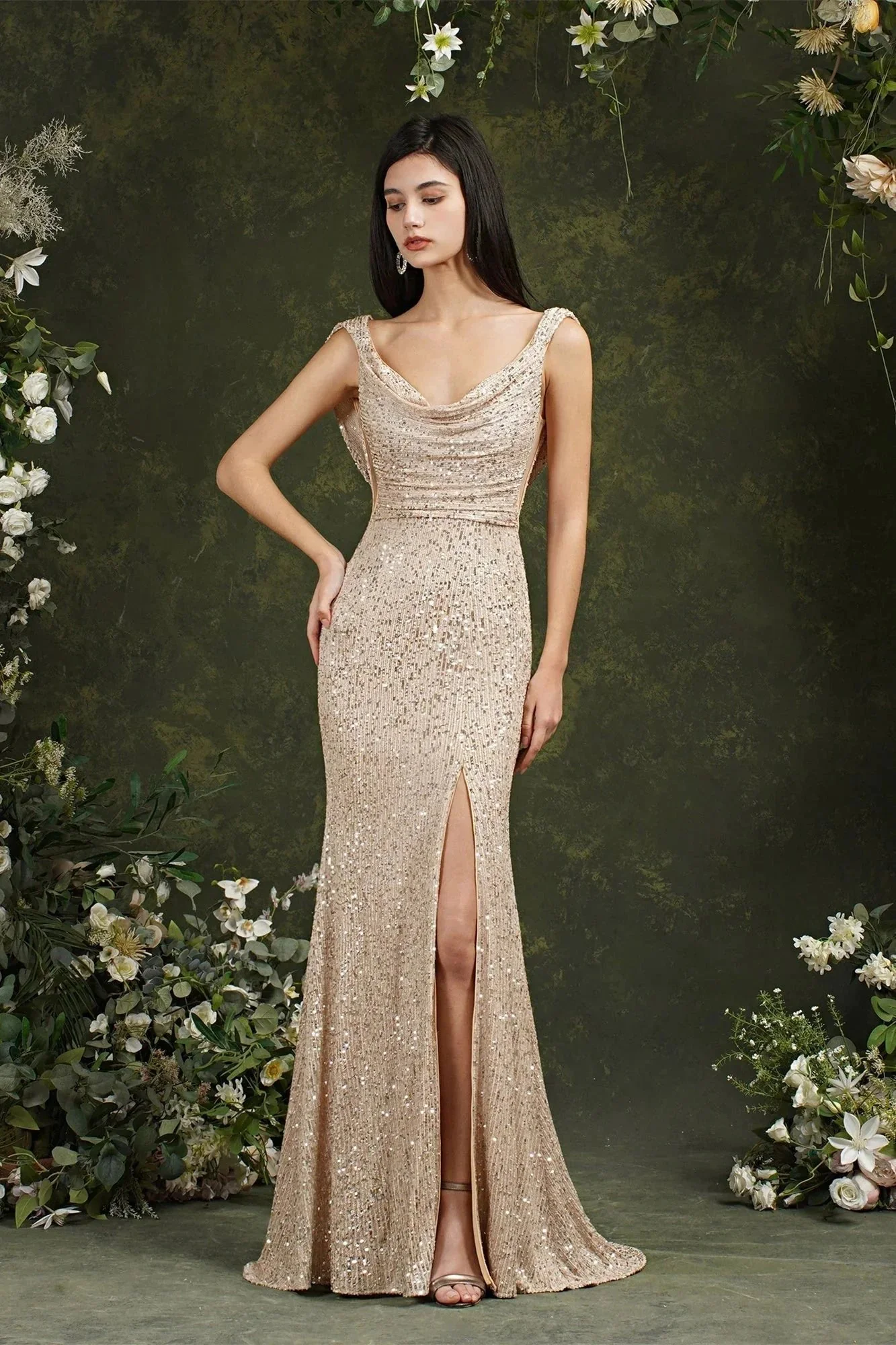 Brilliant Scoop Neck Sequins Backless Mermaid Bridesmaid/Prom Dress With Side Slit - Image 4