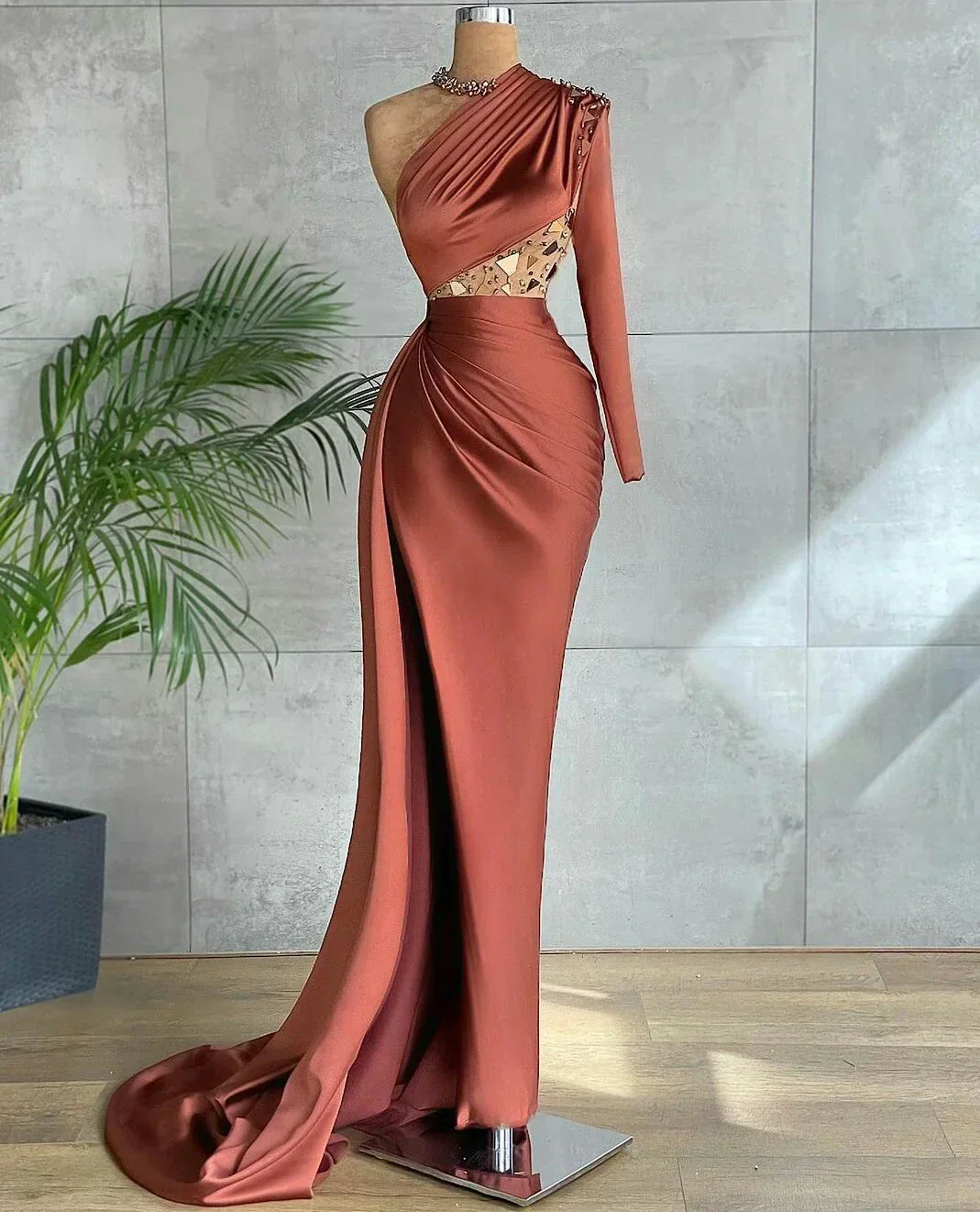 Brown Mermaid Beaded One Shoulder Evening Dresses High Side Slit Prom Dress Custom Made Y604 - Image 2