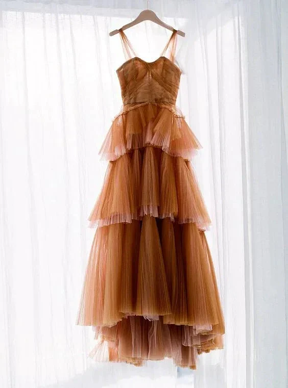 Brown tulle long prom dress, evening dress Y1257 - Image 2