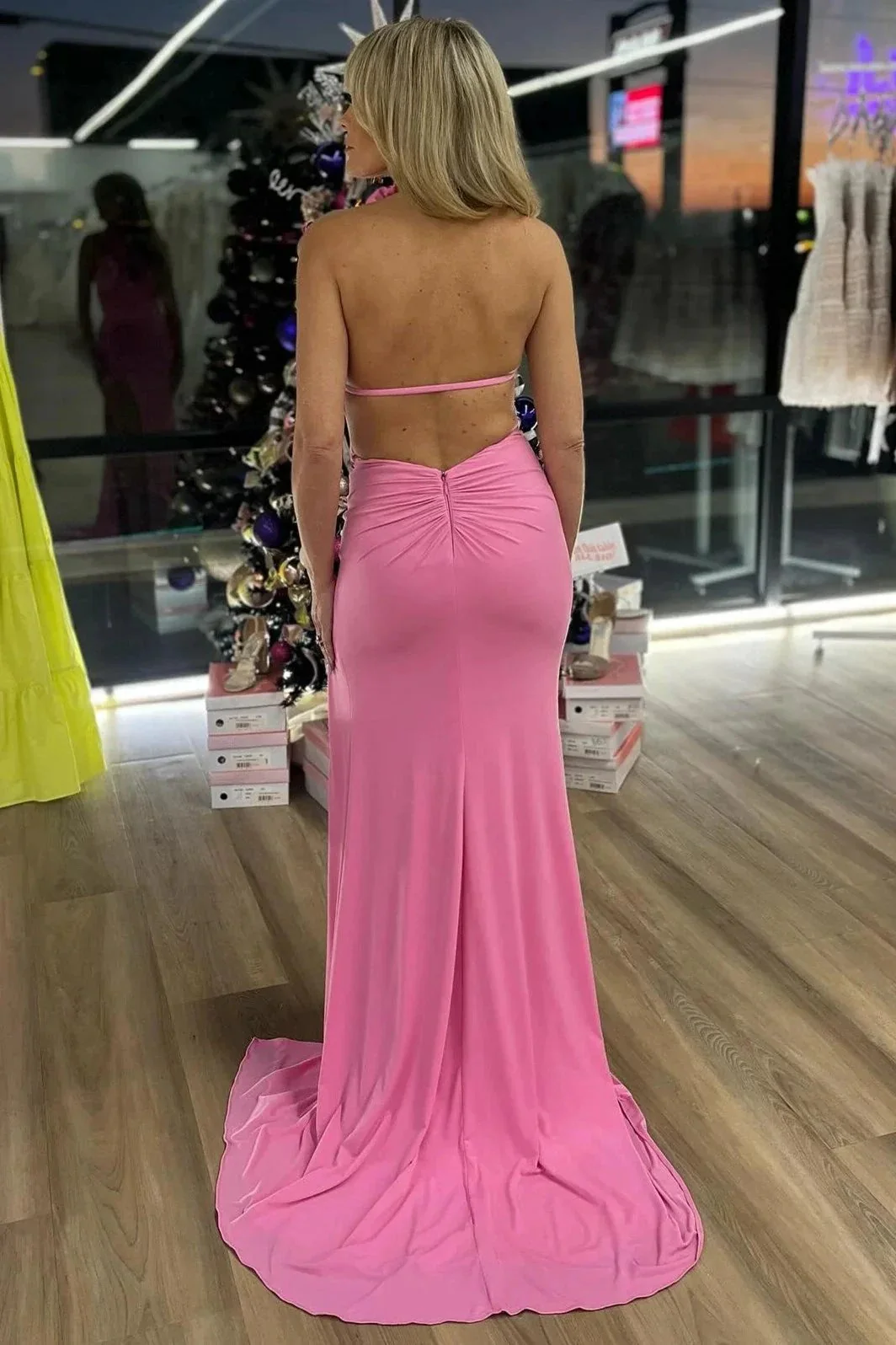 Bruce | Pink Halter Rosette Mermaid Long Formal Dress with Slit - Image 3