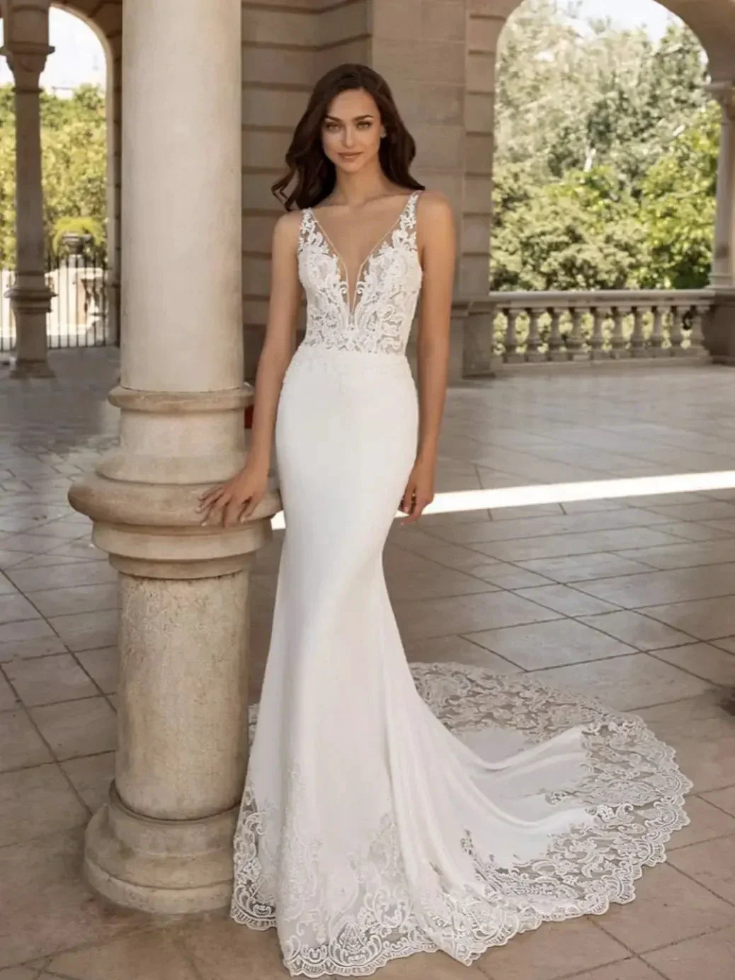 Brush Train Mermaid Wedding Dresses Sexy Depp V-neck Vestidos De Novia Sleeveless Appliques Vestido De Noiva - Image 3