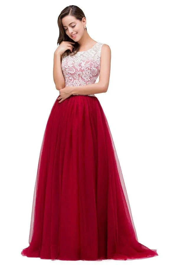 Burgundy A-line Crew Lace Chiffon Bridesmaid Dresses - Image 3