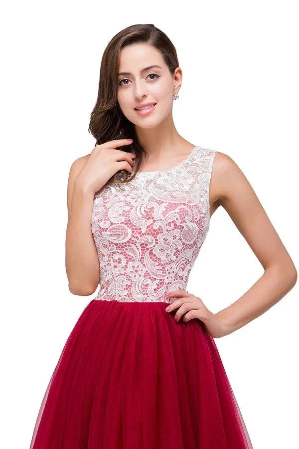 Burgundy A-line Crew Lace Chiffon Bridesmaid Dresses - Image 4