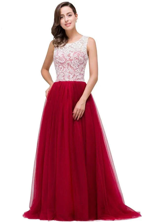 Burgundy A-line Crew Lace Chiffon Bridesmaid Dresses - Image 6