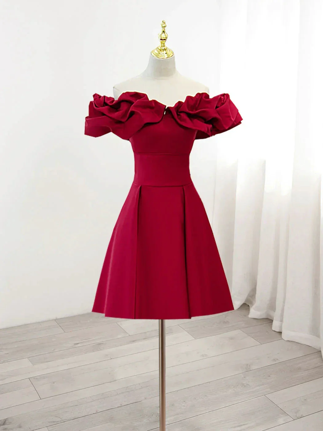 Burgundy A-Line Off Shoulder Satin Homecoming Dress Y2506 - Image 2