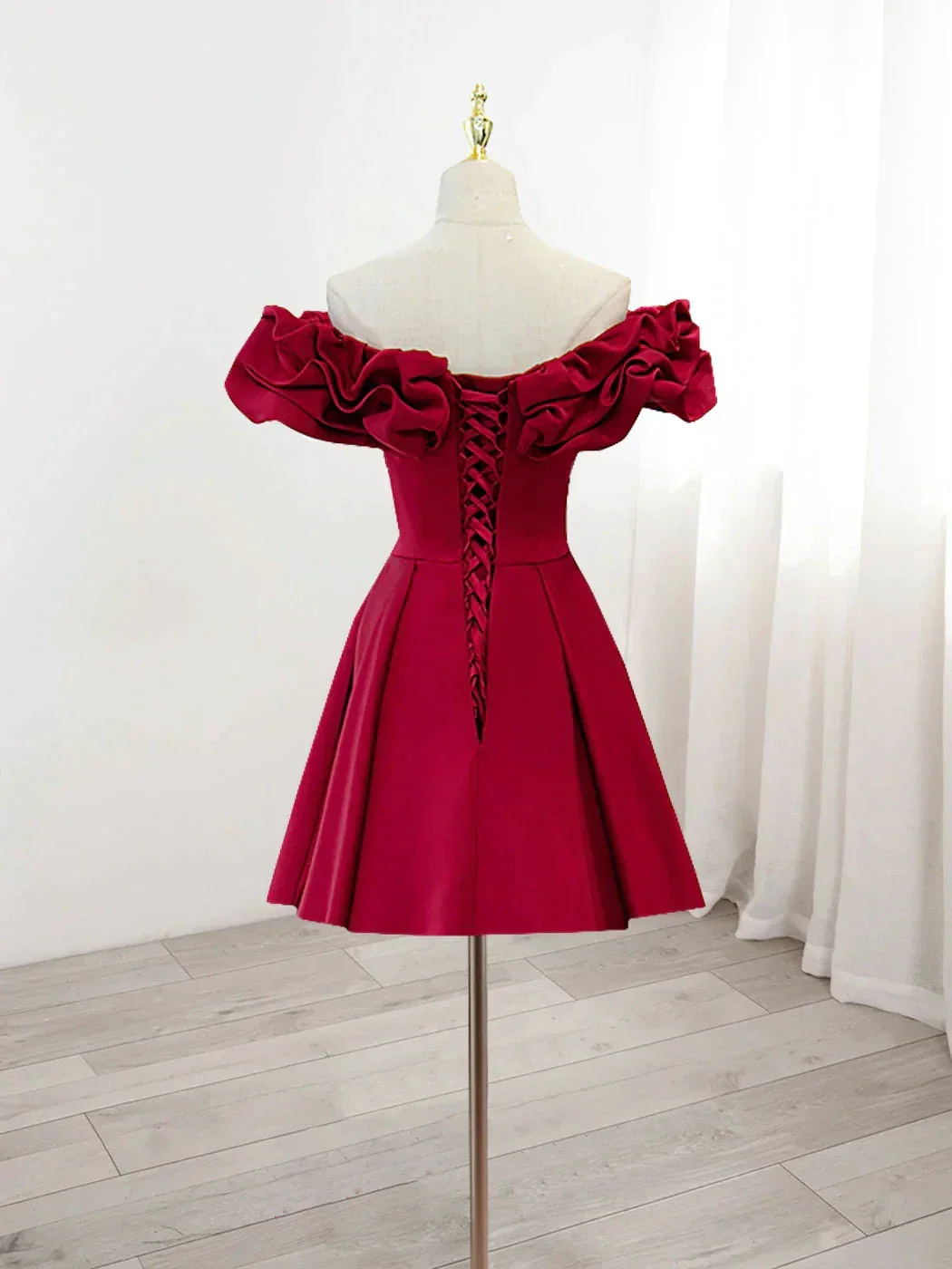 Burgundy A-Line Off Shoulder Satin Homecoming Dress Y2506 - Image 3