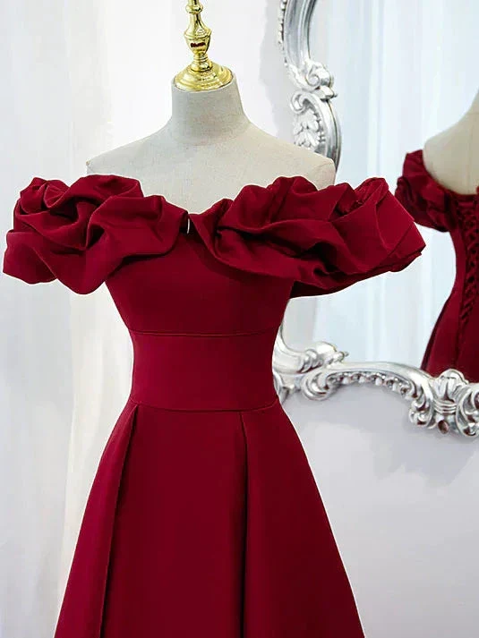 Burgundy A-Line Off Shoulder Satin Homecoming Dress Y2506 - Image 4