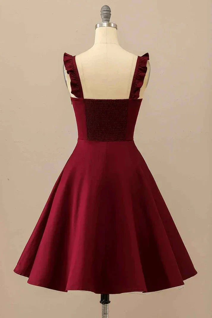 Burgundy A-line Ruffle Straps Satin Mini Homecoming Dress Y2176 - Image 2