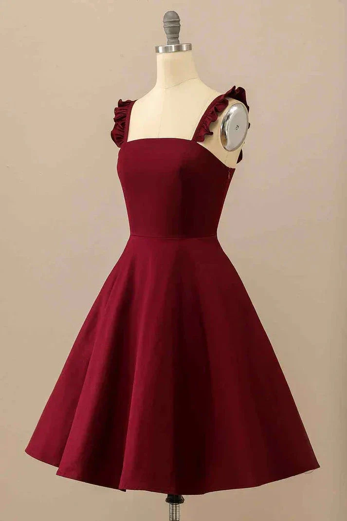 Burgundy A-line Ruffle Straps Satin Mini Homecoming Dress Y2176 - Image 3