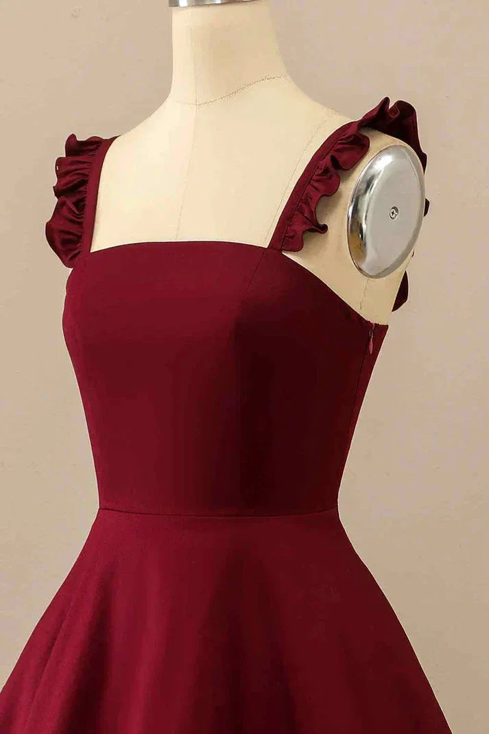 Burgundy A-line Ruffle Straps Satin Mini Homecoming Dress Y2176 - Image 4